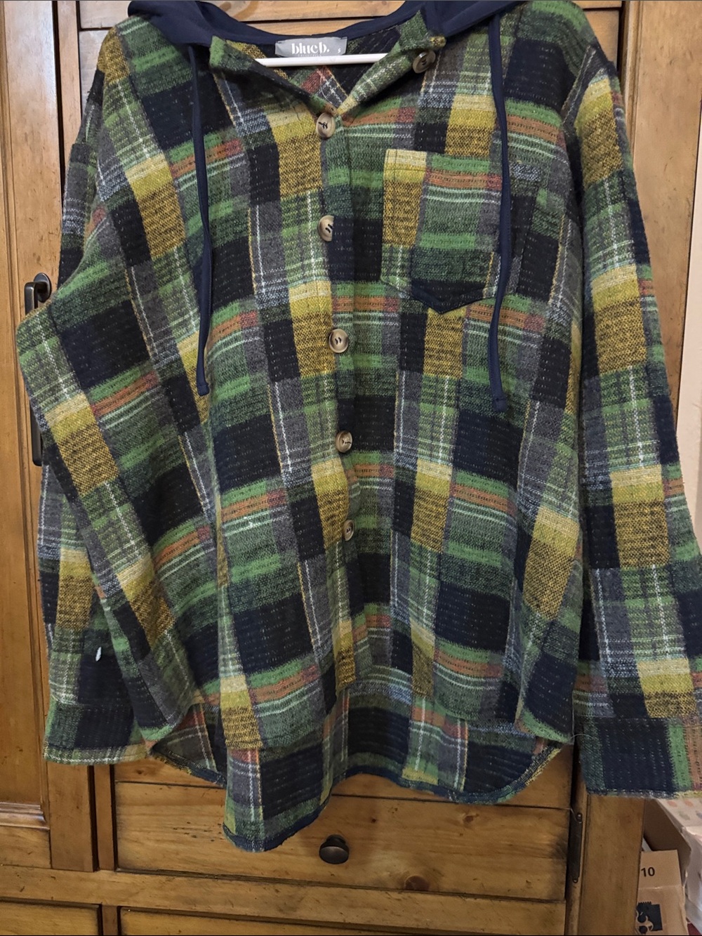 Blue B Plaid Hooded Button-Up Shirt Jacket - Green Multi